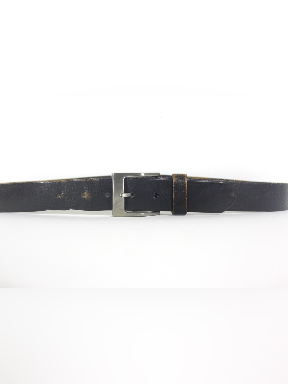 33”-37” Distressed Black Leather Belt with Silver Buckle Worn In Grunge